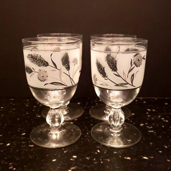 Libbey Frosted Silver Wheat Wildflower Glasses Mid-century Modern Vintage Retro - Picture 3 of 9